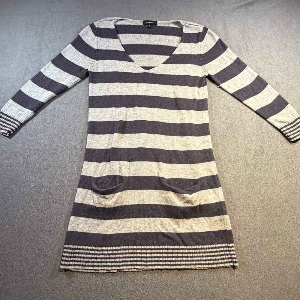 Express Womens Striped V-Neck Sweater Dress Navy Gray Long Sleeve Pockets M
